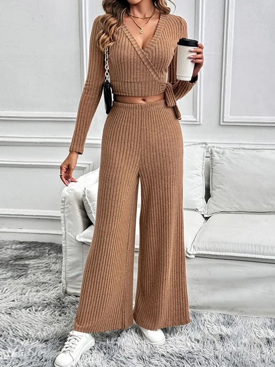 Perfee Surplice Long Sleeve Top and Pants Set - Love Salve
